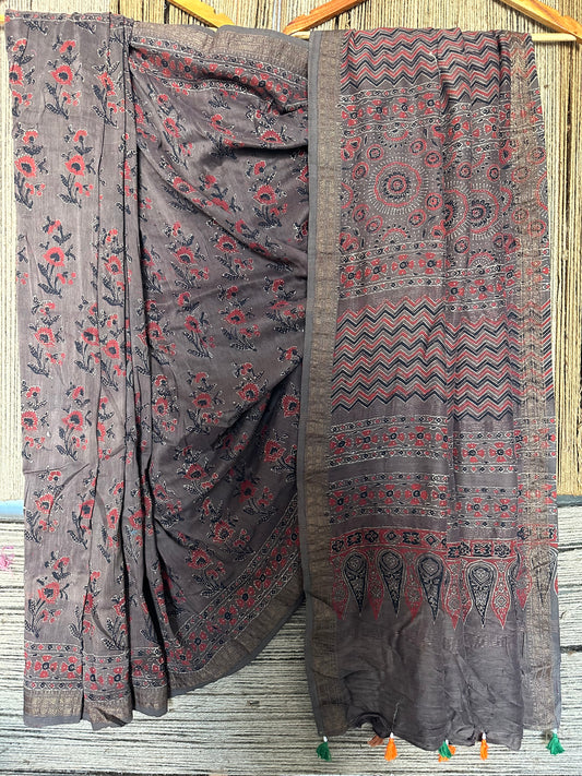 Brown mull cotton ajrakh hand crafted sari
