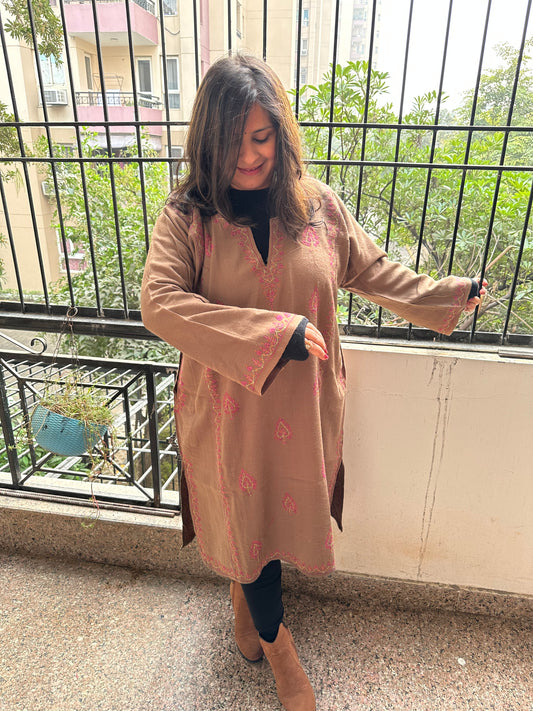 Cinnamon brown elegant raffal pheran with jaal embroidery and hand sozni work