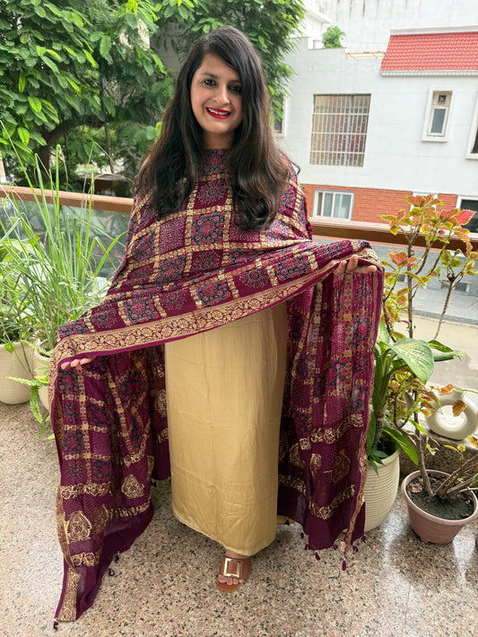 Jam purple solid modal silk suit with ajrakh gharchola handcrafted modal silk dupatta ps-229