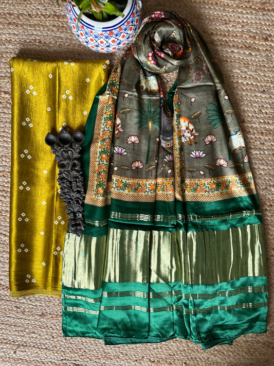 Mustard yellow mashru silk kurta with patola handcrafted modal silk dupatta ps-60 no