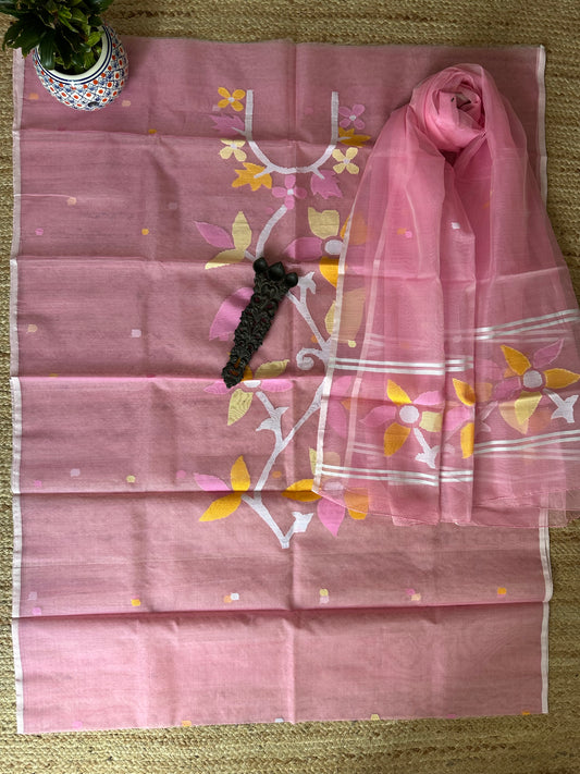 Light pink handwoven jamdani pure muslin silk kurta set mjk-54
