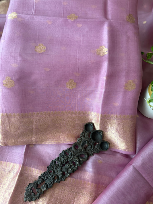Soft Dusty Mauve Kora Silk Certified Handloom Banarsi Kadwa Booti Three Piece Suit