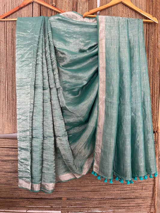 Cyan blue silver metallic linen sari with woven border