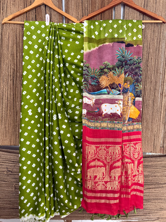 Mehendi green & red modal silk bandhani sari with pichwai print bps 44