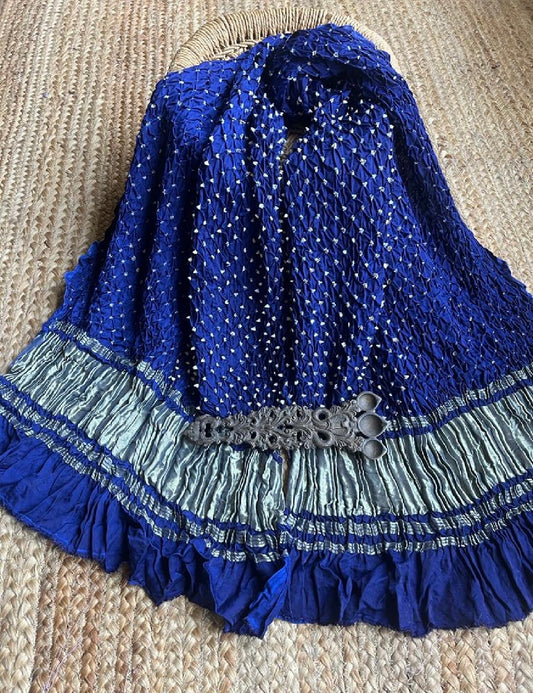 Blue silk bandhani dupatta with zari border