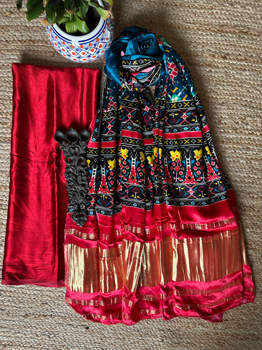 Red solid mashru silk kurta with patola handcrafted modal silk dupatta ps-84