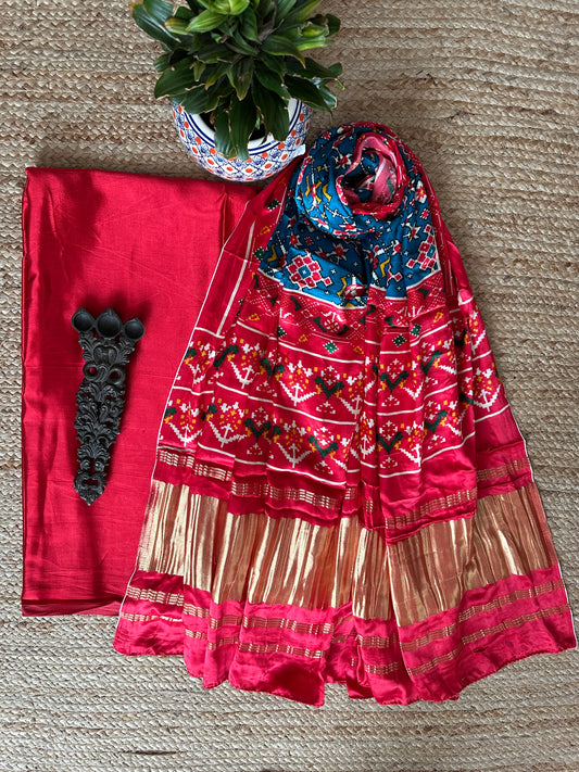 Red mashru silk kurta with patola handcrafted modal silk dupatta ps- 104