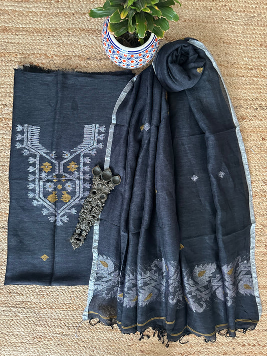 Black jamdani linen kurta set ljs-1049