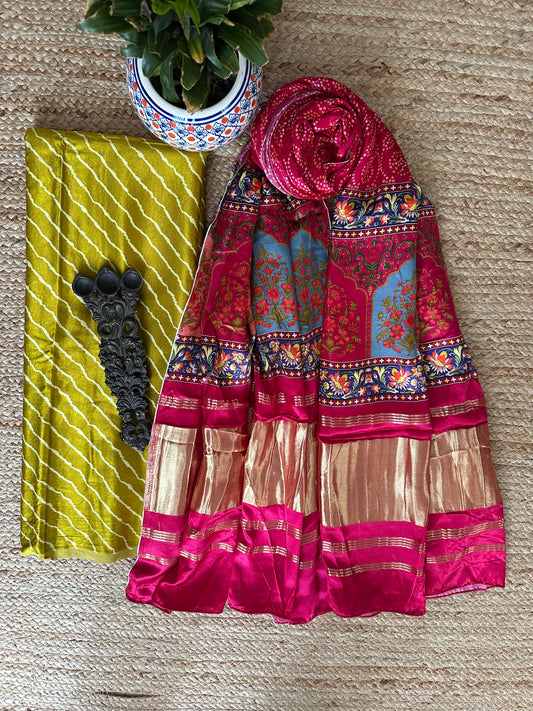 Mustard leheriya mashru silk kurta with patola handcrafted modal silk dupatta ps-10140