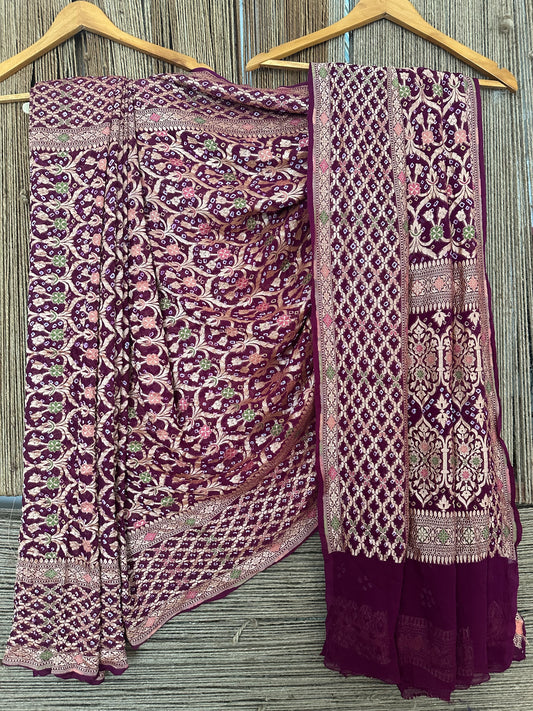 Jam purple handwoven neem zari bareek bandhani saree with khaddi georgette with meenakari work bs- 15