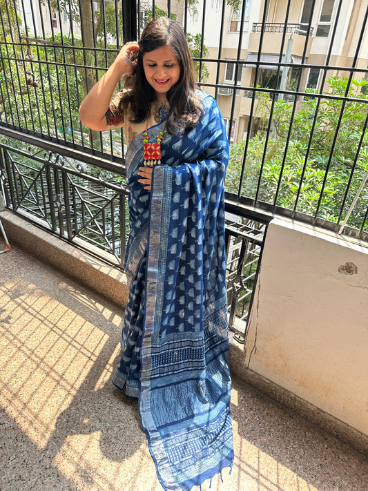 Indigo akola linen zari woven handblock sari