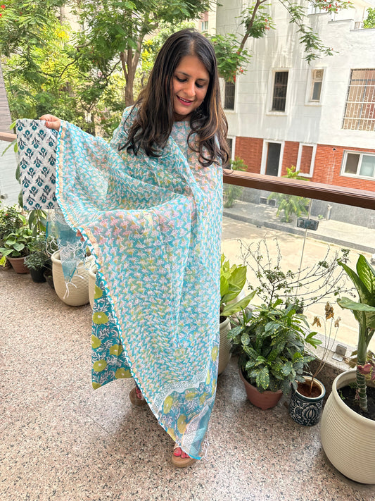 TURQUOISE MEHENDI COTTON KOTA HANDBLOCK SUIT SET