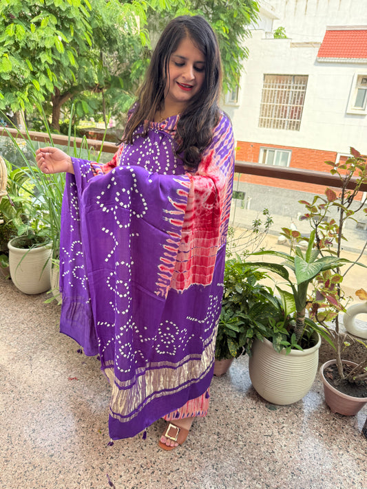 Purple & peach modal silk shibori kurta with bandhani shibori handcrafted modal silk dupatta sbs-1