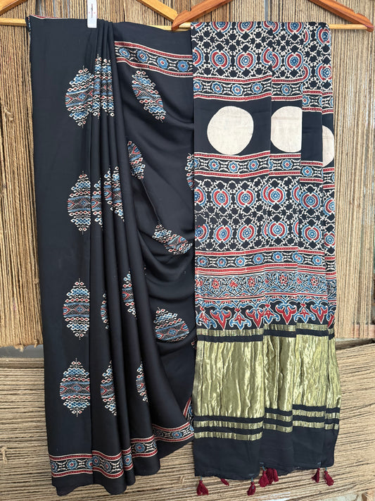 Black ajrakh modal silk sari with zari pallu