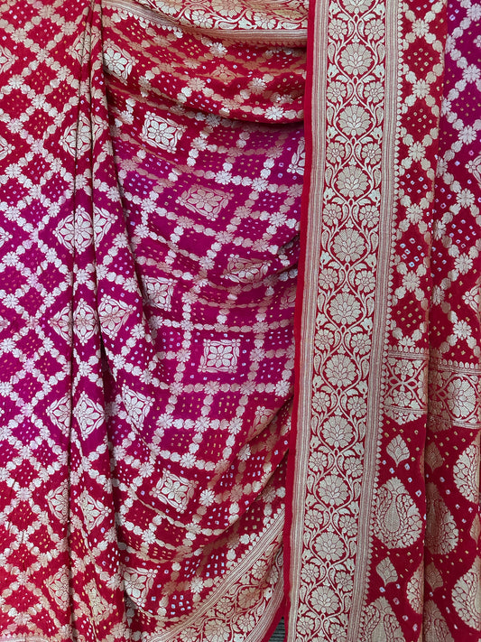 Red & pink dual shade handwoven neem zari bareek bandhani saree with khaddi georgette bs- 6