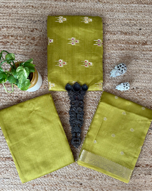 Olive green chanderi handloom banarsi booti three piece suit