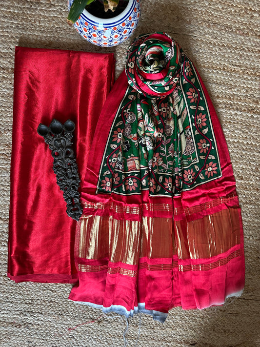 Red solid mashru silk kurta with patola handcrafted modal silk dupatta ps-24