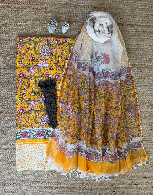 Yellow cotton handblock suit set