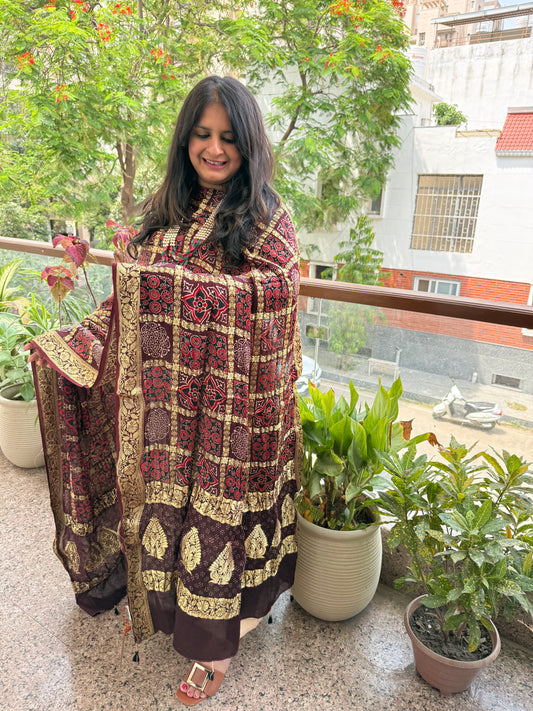 Ivory brown solid modal silk suit with ajrakh gharchola handcrafted modal silk dupatta