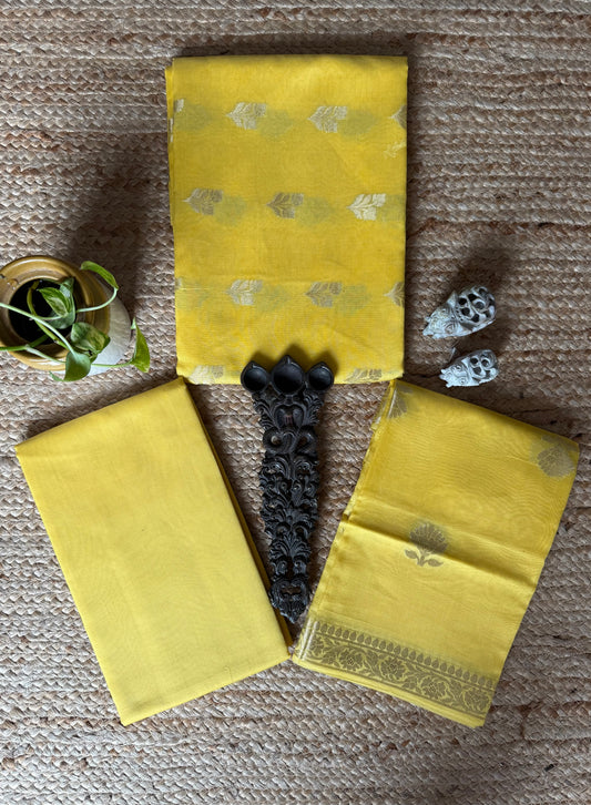 Butterscotch yellow chanderi handloom banarsi booti three piece suit