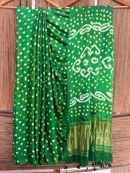 Neon green modal silk dot bandhani sari