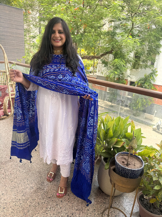 Blue handwoven handcrafted gajji silk chandmukhi dupatta