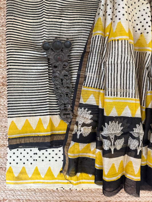 BEIGE & BLACK CHANDERI HANDBLOCK SUIT SET