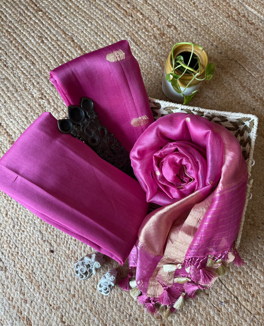 Pastel fuchsia pink kora silk certified handloom banarsi kadwa booti three piece suit cbs-58