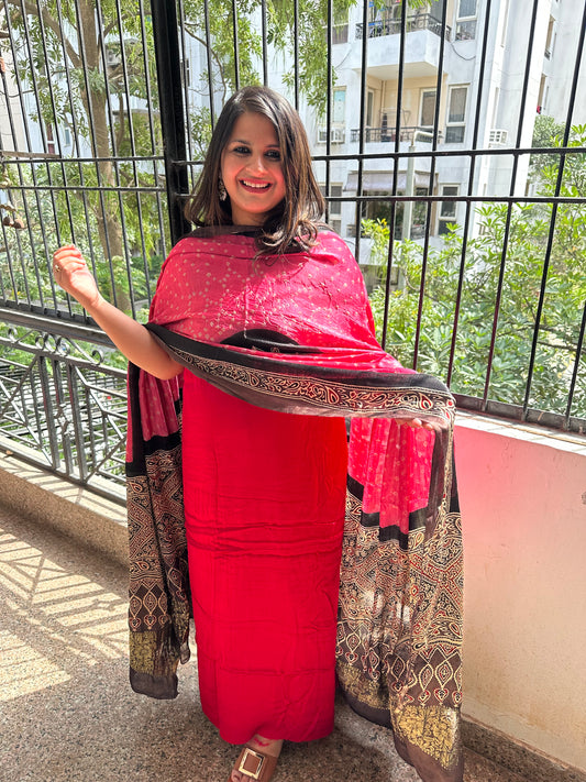 Pink modal silk kurta with bandhani ajrakh handcrafted modal silk dupatta ps- 1056