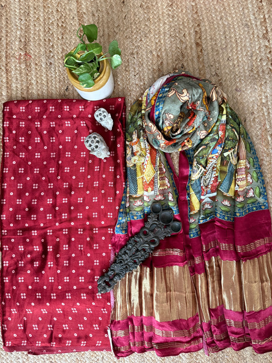 Maroon mashru silk kurta with patola pichwai handcrafted modalsilk dupatta