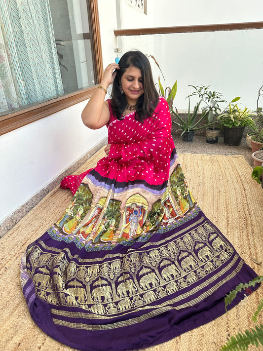Pink modal silkbandhani handcrafted with pichwai print sari in nakshi border