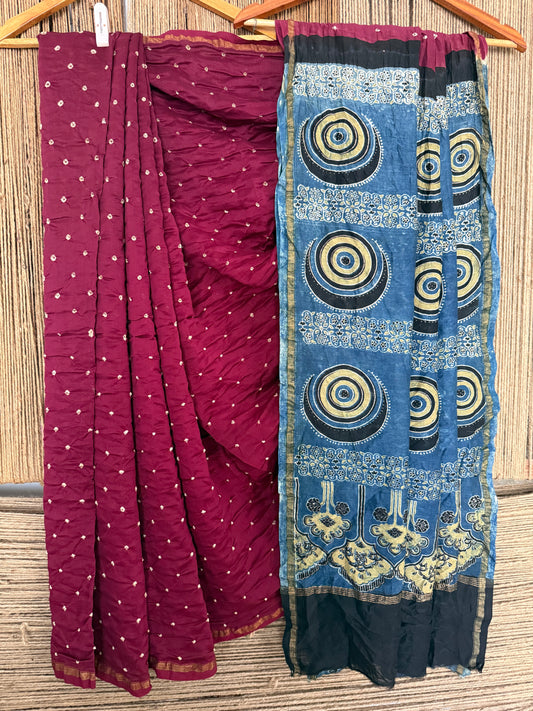 Maroon chanderi silk bandhani handcrafted ajrakh sari