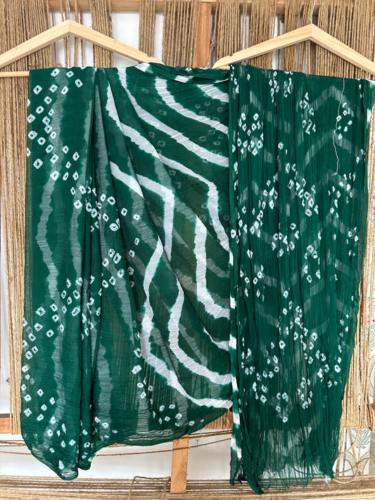 Bottle green bandhani leheriya handcrafted chiffon sari