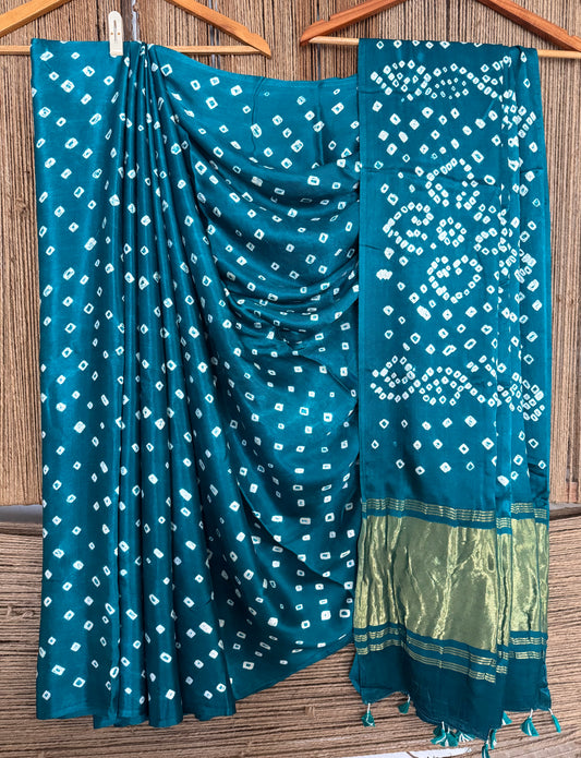 Teal blue modal silk bandhani sari bs- 42