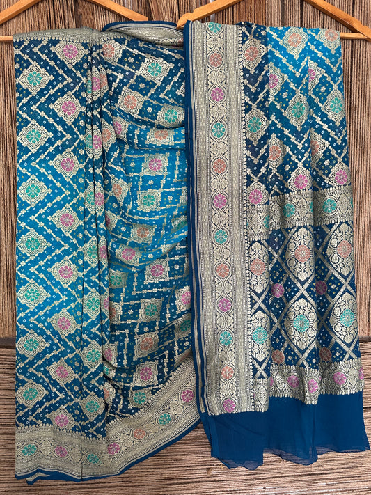Ocean & classic blue dual shade handwoven neem zari bareek bandhani saree with khaddi georgette with meenakari work bs- 20