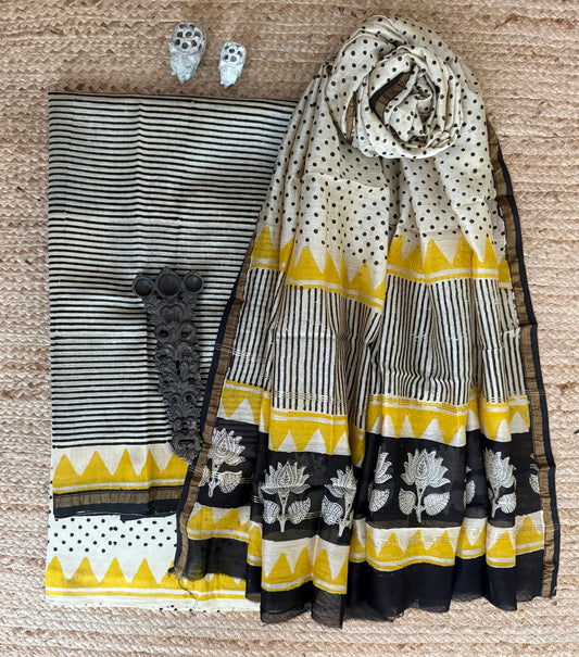 BEIGE & BLACK CHANDERI HANDBLOCK SUIT SET