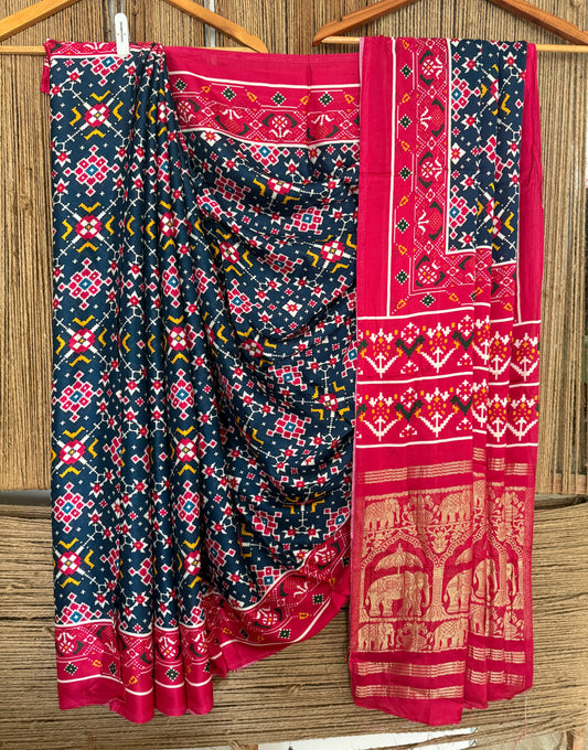Pink blue modal silk patola sari with zari border pms- 1099