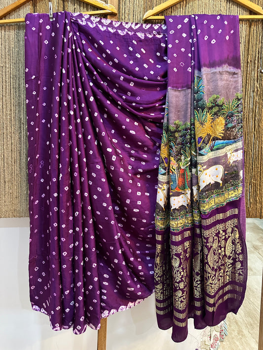 Purple modal silkbandhani handcrafted with pichwai print sari in nakshi elephant border bps 17
