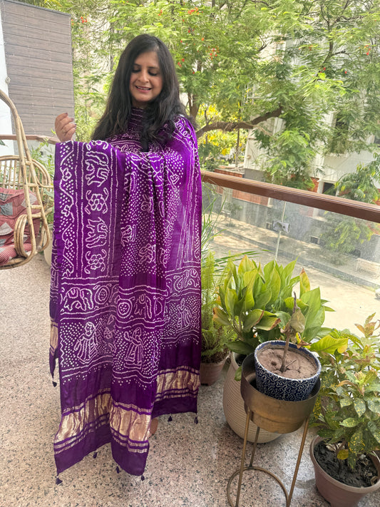 Purple handwoven handcrafted gajji silk chandmukhi dupatta