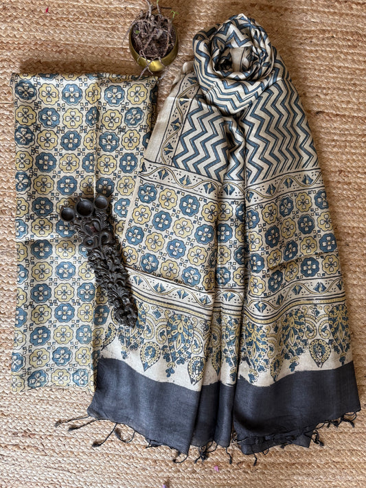 Beige ajrakh tussar silk handblock suit set tss- 22