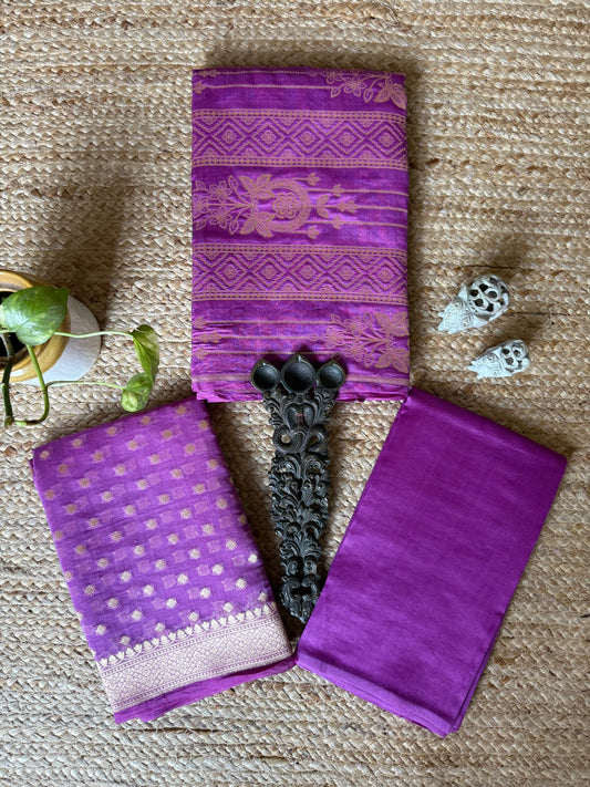 Orchid purple chinia silk certified handloom banarsi booti three piece suit