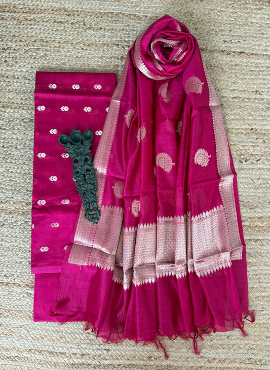 Pink chanderi handloom banarsi booti three piece suit