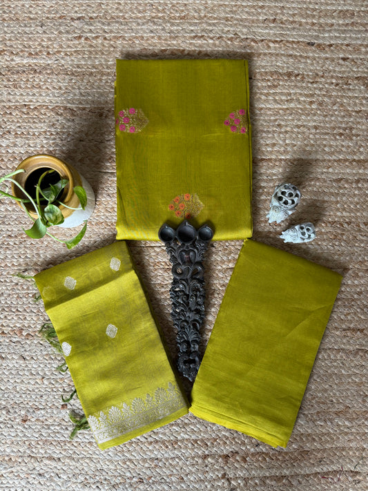 Mehendi green chanderi handloom banarsi booti three piece suit cbs-95