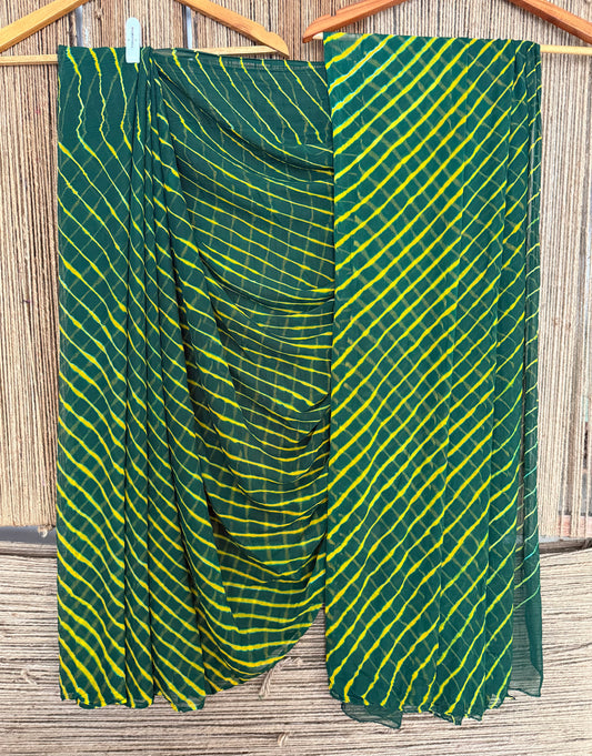 Turquoise green multi leheriya handcrafted chiffon sari
