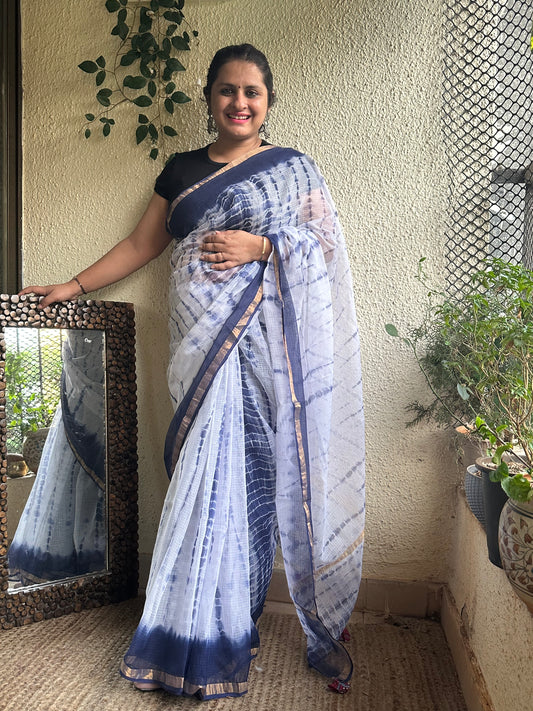 White blue kota shibori doria handblock sari
