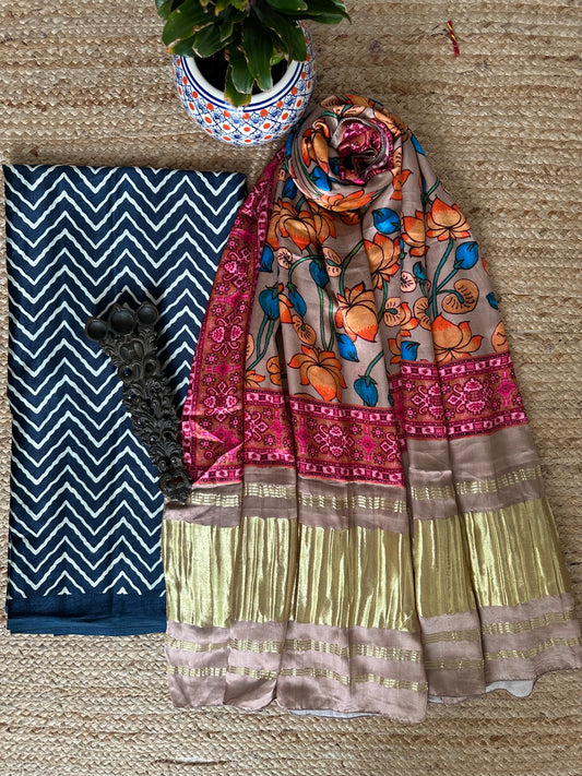 Blue zigzag mashru silk kurta with patola handcrafted modal silk dupatta ps-11
