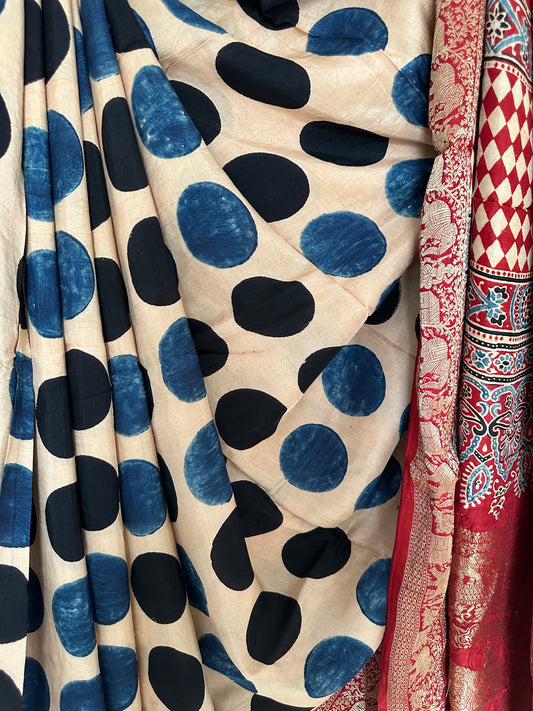 Beige polka dola silk ajrakh zari border sari