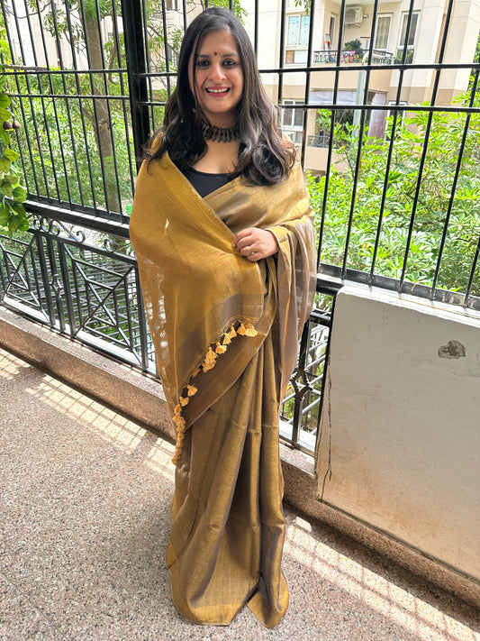 GREY COPPER TISSUE LINEN ZARI SARI WITH WOVEN RED BORDER TL-4