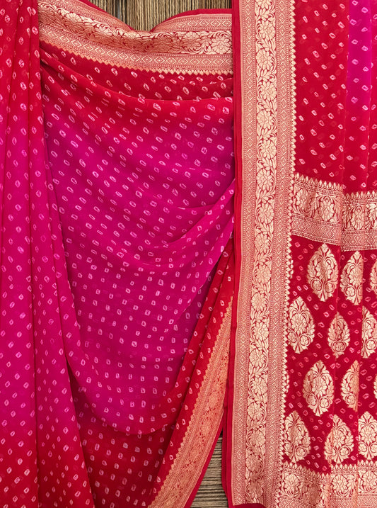 Hot pink to deep red handwoven neem zari bareek bandhani saree with khaddi georgette