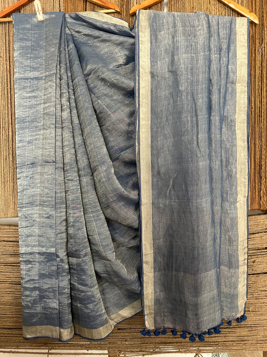 Slate blue silver metallic linen sari with woven border